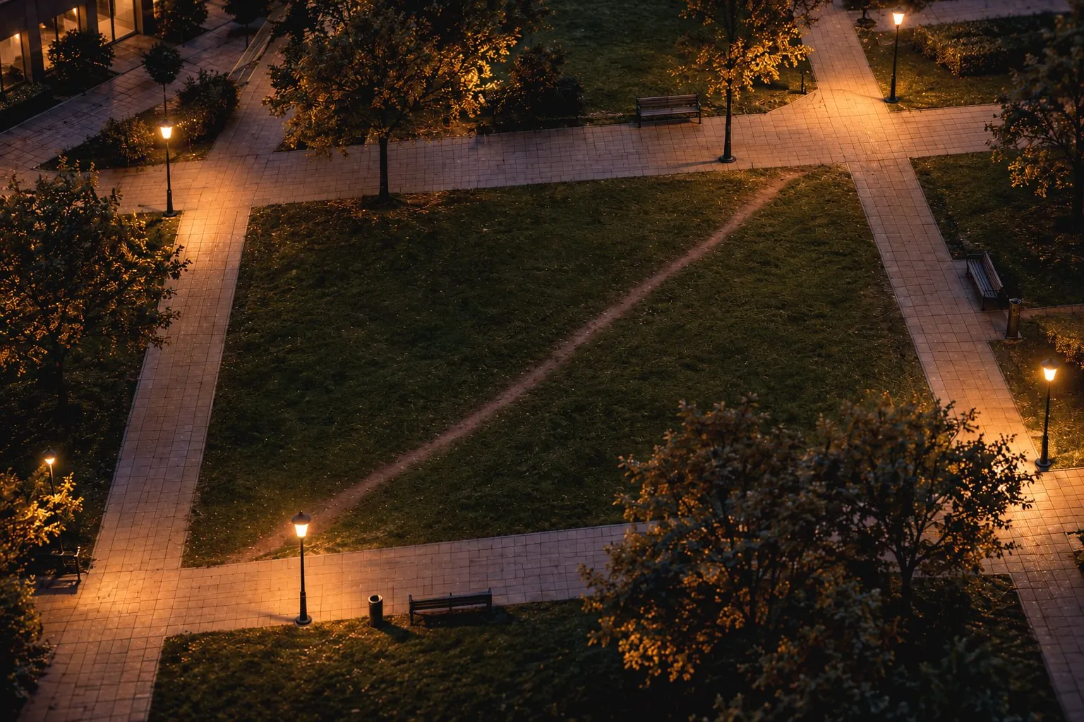 Ein Park von oben in der Abenddämmerung mit gepflasterten Wegen und einem ausgetretenen Pfad quer über den Rasen
